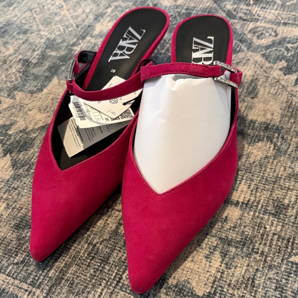 Zara Women's Vibrant Hot Pink Pointed Mules with Bejeweled Straps